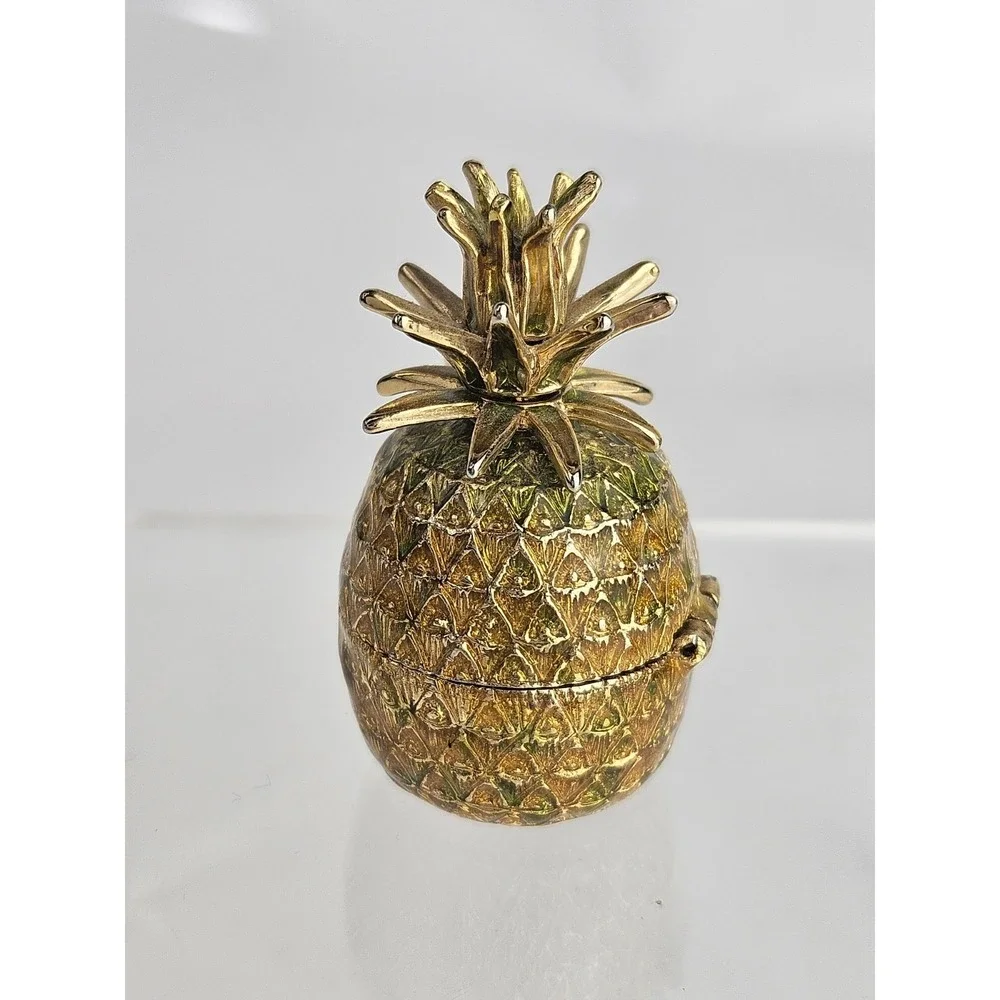 Monet Enameled Pineapple Keepsake Pill‎ Trinket Box Gold Tone
